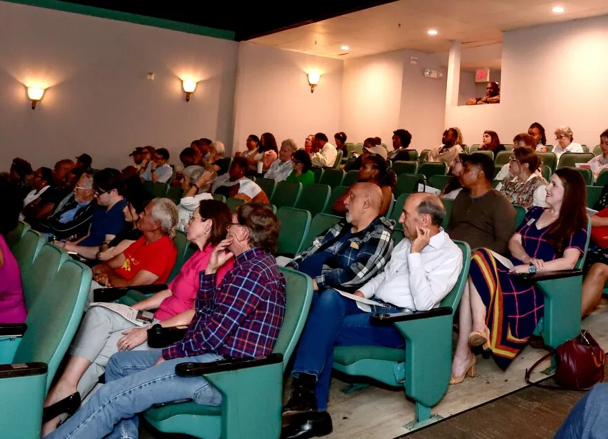 An audience at the Bishop Arts Theatre Center look on during the discuss of the future art funding following NEA grant withdrawals, Thursday evening, May 29, 2025 in Dallas.