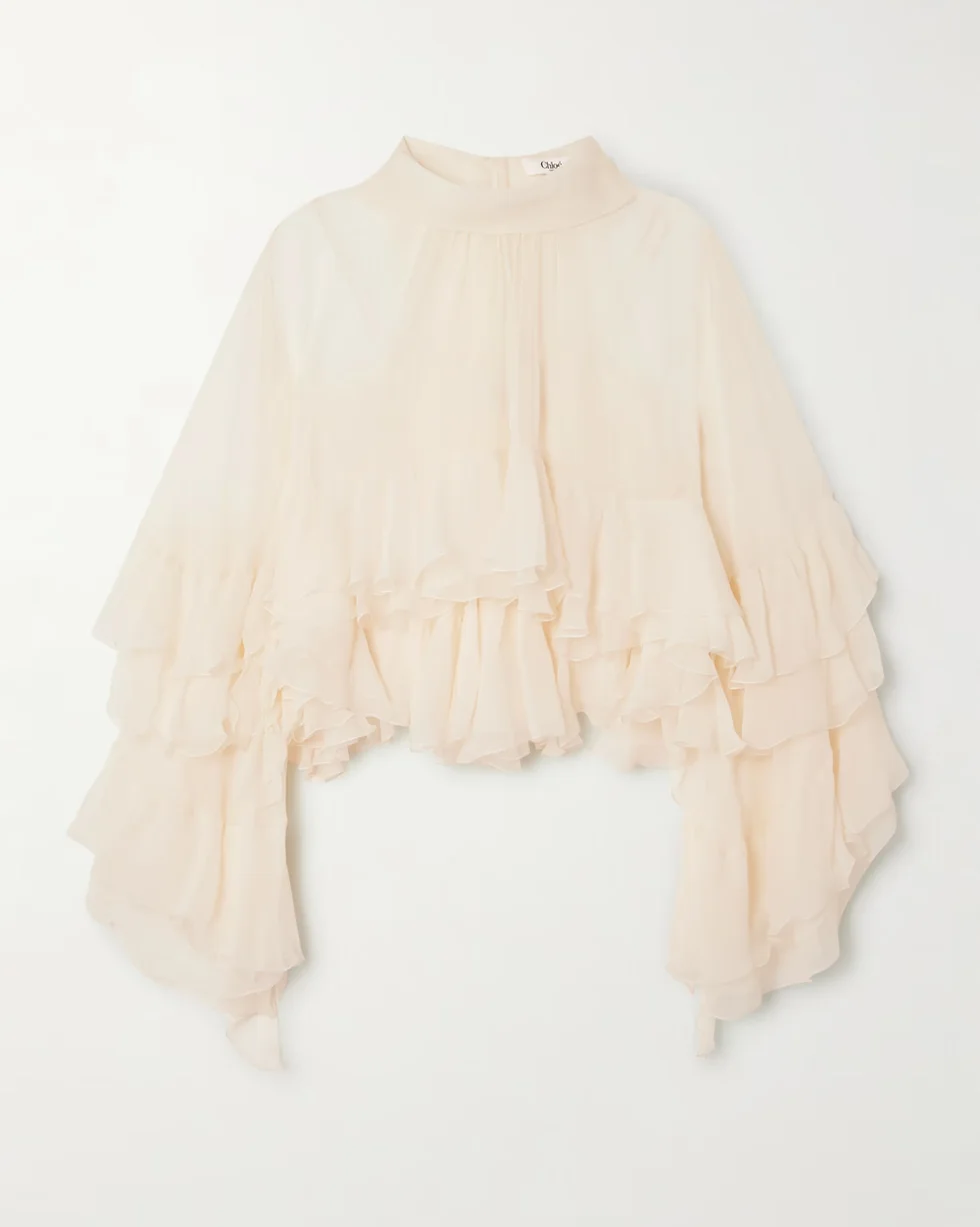 Chloé ruffled tiered silk-mousseline turtleneck blouse
