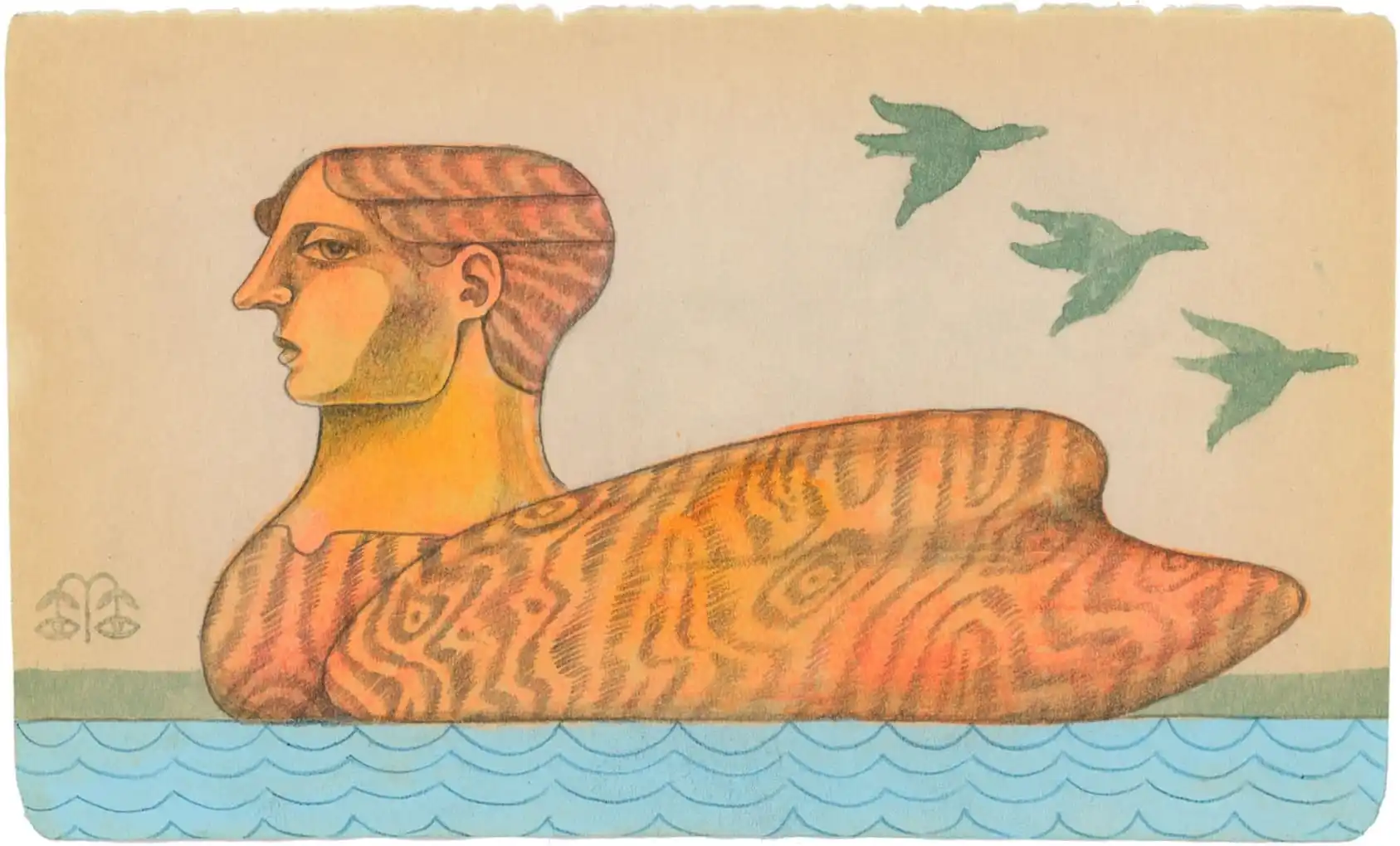 a vintage book page with an illustration of a human-headed duck floating on water, with three other birds flying in the background