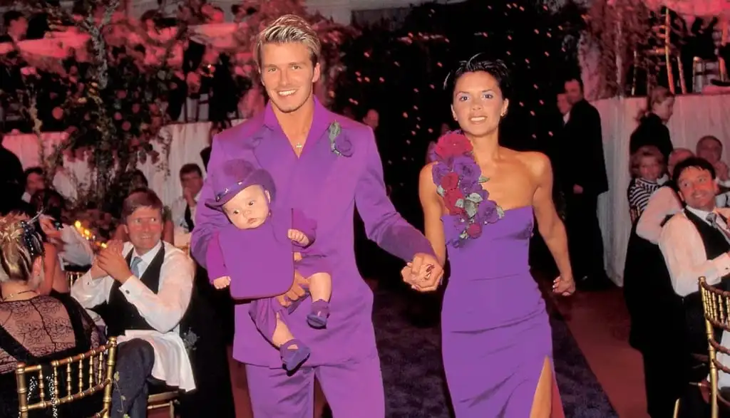 Victoria and David Beckham with their son Brooklyn on their wedding day in 1999. Photo: Netflix/Beckhams