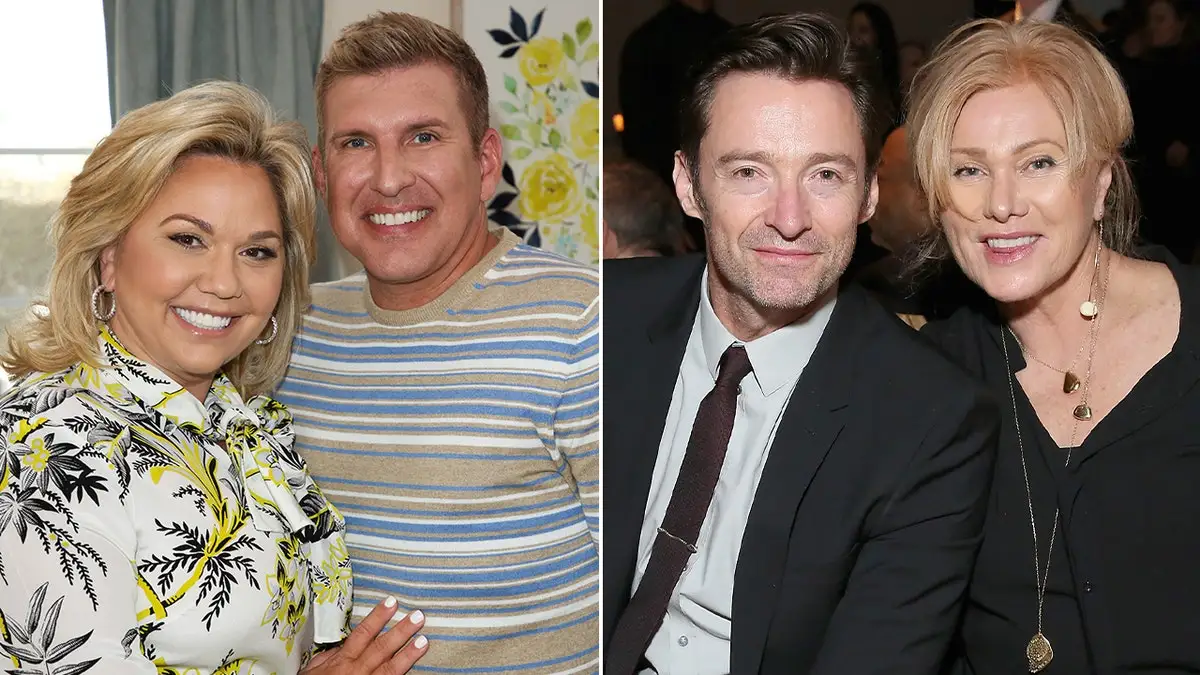 A split image of Julie and Todd Chrisley and Hugh Jackman and Deborra-Lee Furness