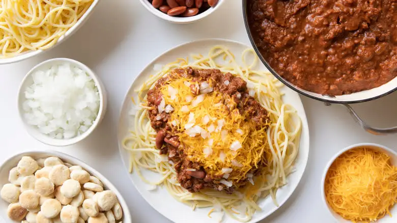Cincinnati-style chili with all the fixings
