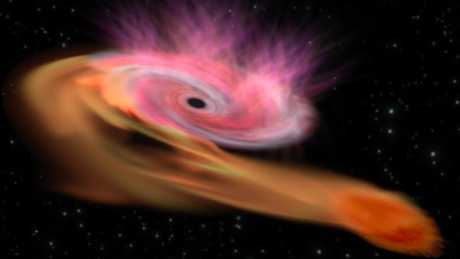 a spiral of orange and pink light circling a black orb