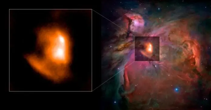 The left panel shows the image of the nebula M42 taken at 90 GHz with the MISTRAL receiver. On the right, an overlay of the MISTRAL image with a wider-field image obtained by the Hubble Space Telescope Credit MISTRAL commissioning team; NASA, ESA, and The Hubble Heritage Team (STScI/AURA)