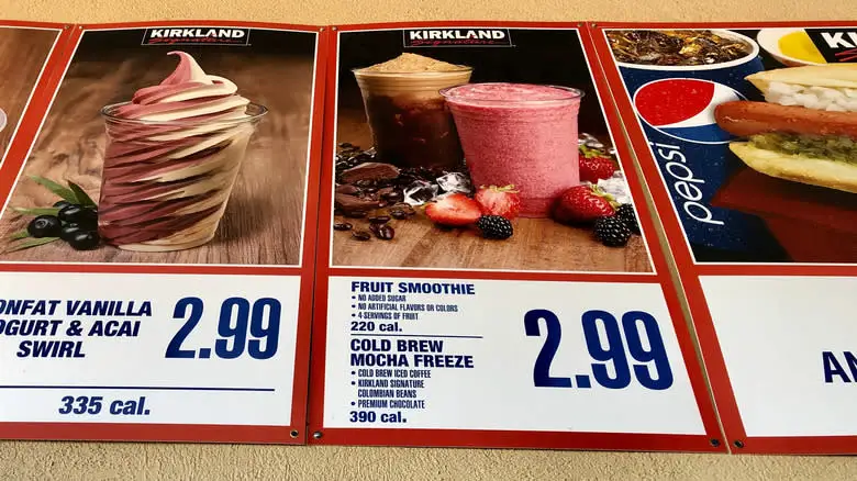 Costco food court menu for frozen yogurt, smoothies, and iced drinks