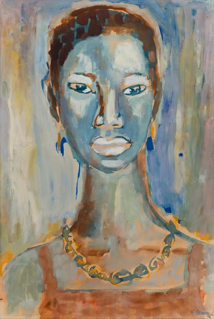 A painting shows a woman;s head and shoulders; she wears a multicoloured necklace