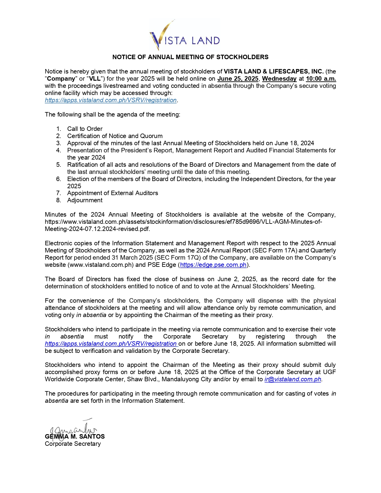 Vista Land and Lifestyle, Inc. Notice of Annual Stockholders’ Meeting 2025 (First Publication)