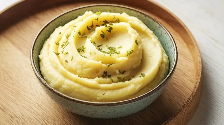 A bowl of creamy mashed potatoes topped with herbs