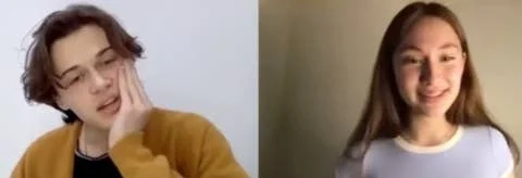 Two people are visible in a video call; one appears thoughtful, and the other smiles
