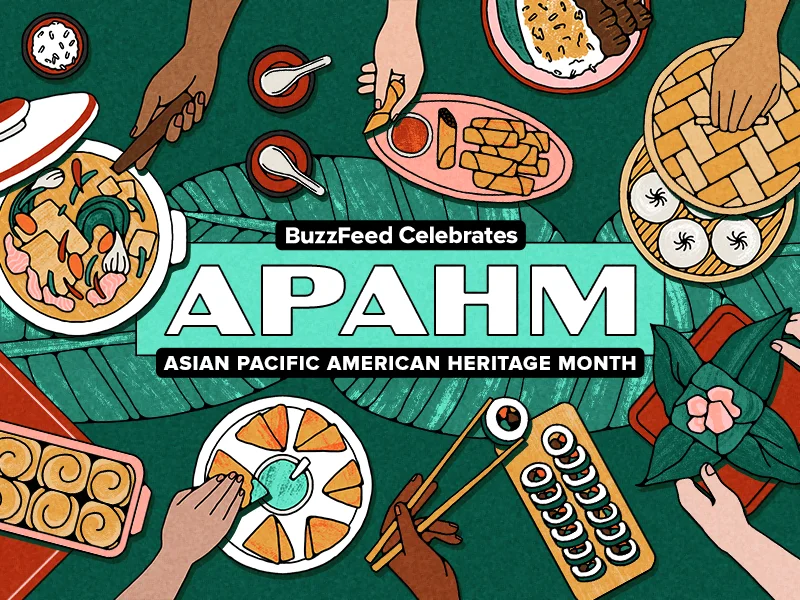 Illustrated text surrounded by diverse Asian dishes, celebrating Asian Pacific American Heritage Month with food and unity