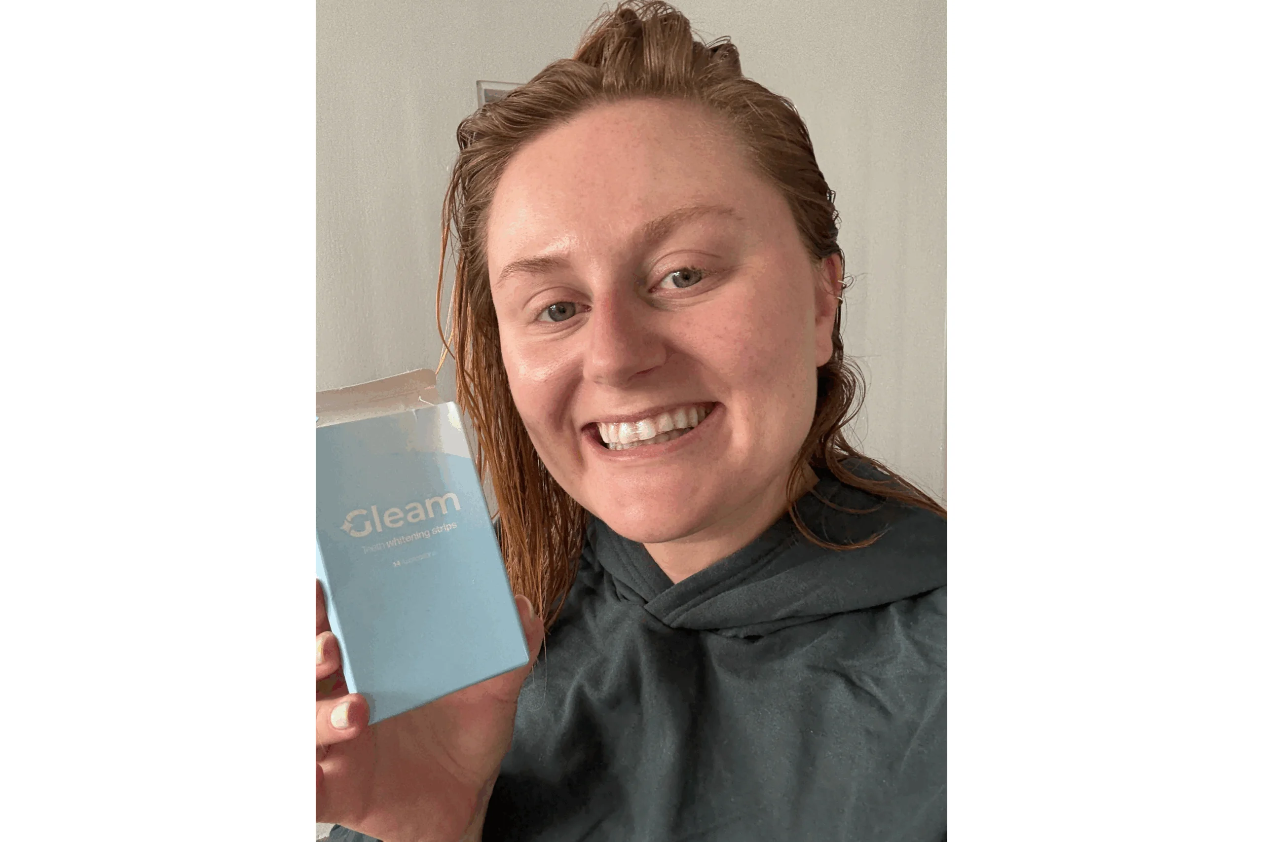 The whitening strips sit on the teeth like a clear veil