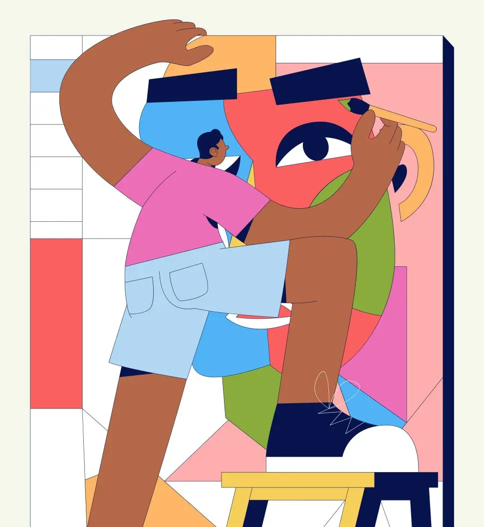 An illustration of a man standing on a step ladder to pain a large mural