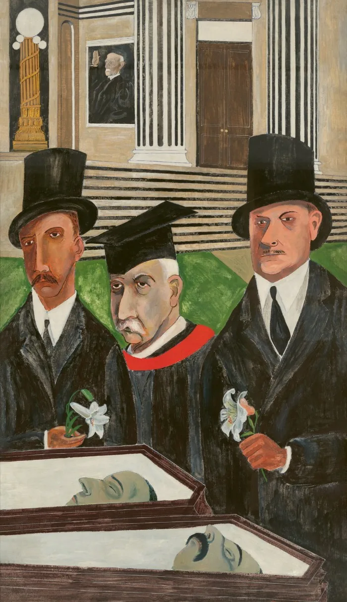 A painting shows three man standing in a line; two wear formal clothing and top hats, a third wears an academic gown and mortar board. Arranged in front of them are two lidless coffins with dead men visible inside them