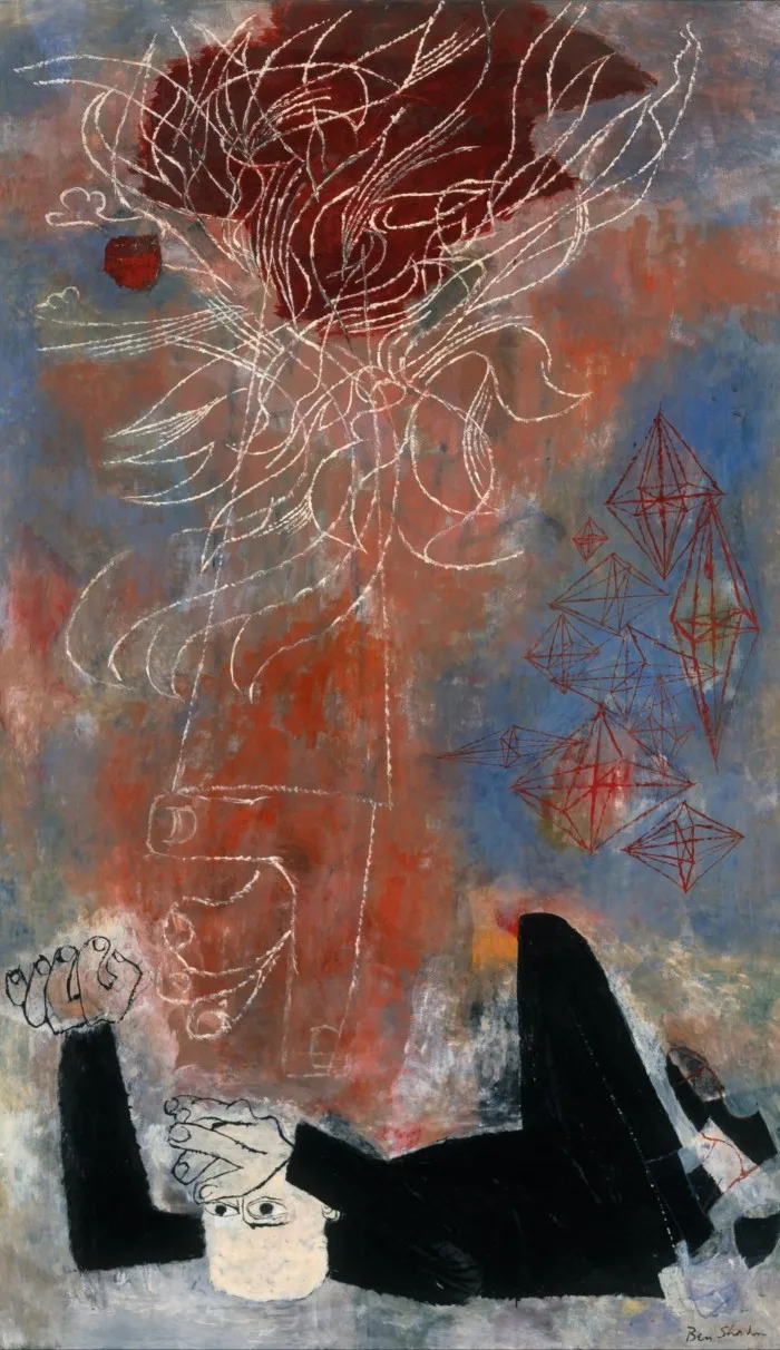 A painting shows a man lying on his back; above him is the white outline of a large hand with a finger pointing down towards him