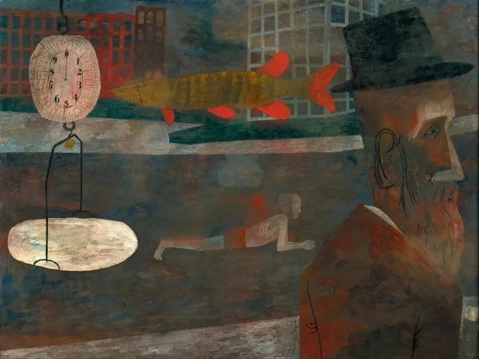 A painting combines various images, including buildings, a fish, a boy wearing shorts stretched out, a set of weighing scales, and a mournful bearded man wearing a hat