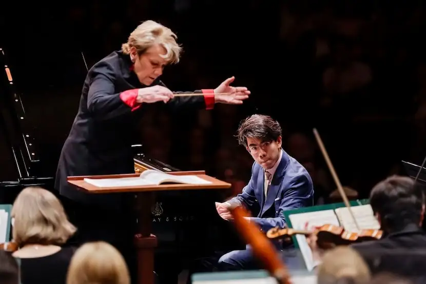Pianist Aristo Sham and guest conductor Marin Alsop in performance with the Fort Worth...