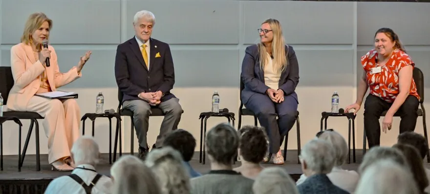 Panelists, left to right, Renée Fleming, opera singer; Paul Aravich, a behavioral neuroscientist and professor at Eastern Virginia Medical School; Mary Roberts, art therapist; and Tracy Bowdish, a music therapist at Sentara Neurology Specialists, discussing the healing properties of music and creative arts, such as painting.