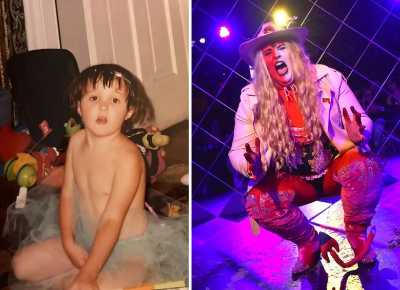 Two images of Charli Renken. On the left is as a child, sitting crossleged and wearing a tutu. At right is onstage in a cowboy hat and western jacket in characters as drag persona Vicious mockery.