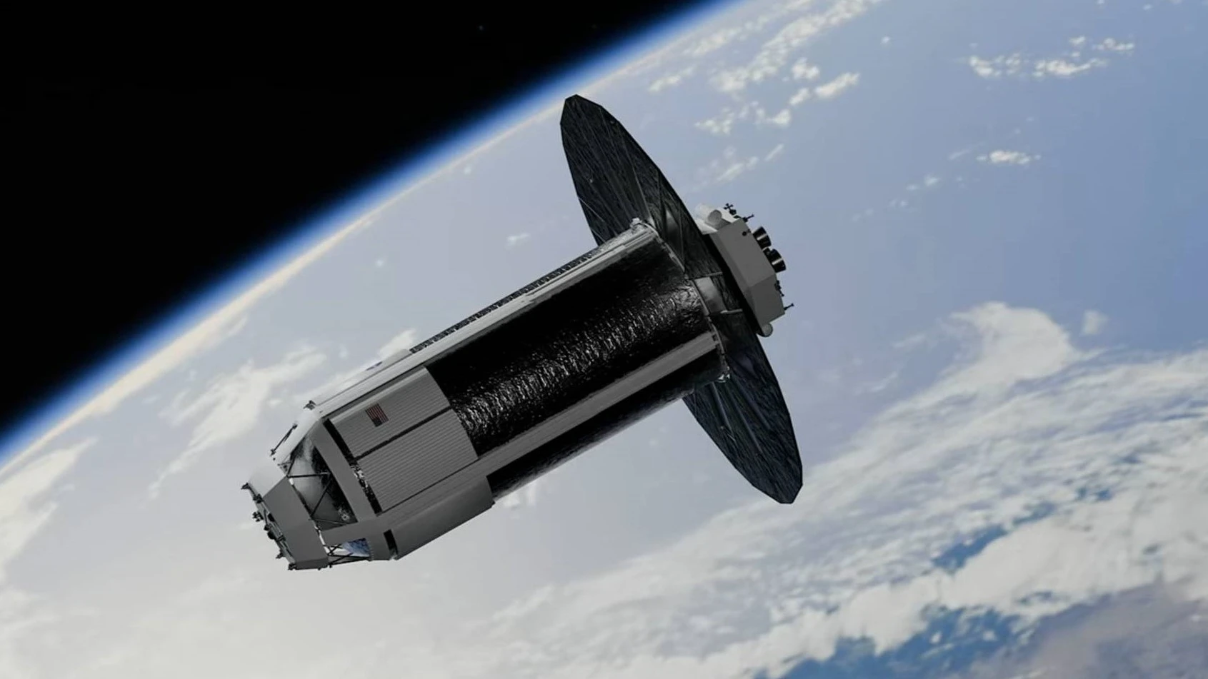 illustration of a cylindrical spacecraft in orbit around earth