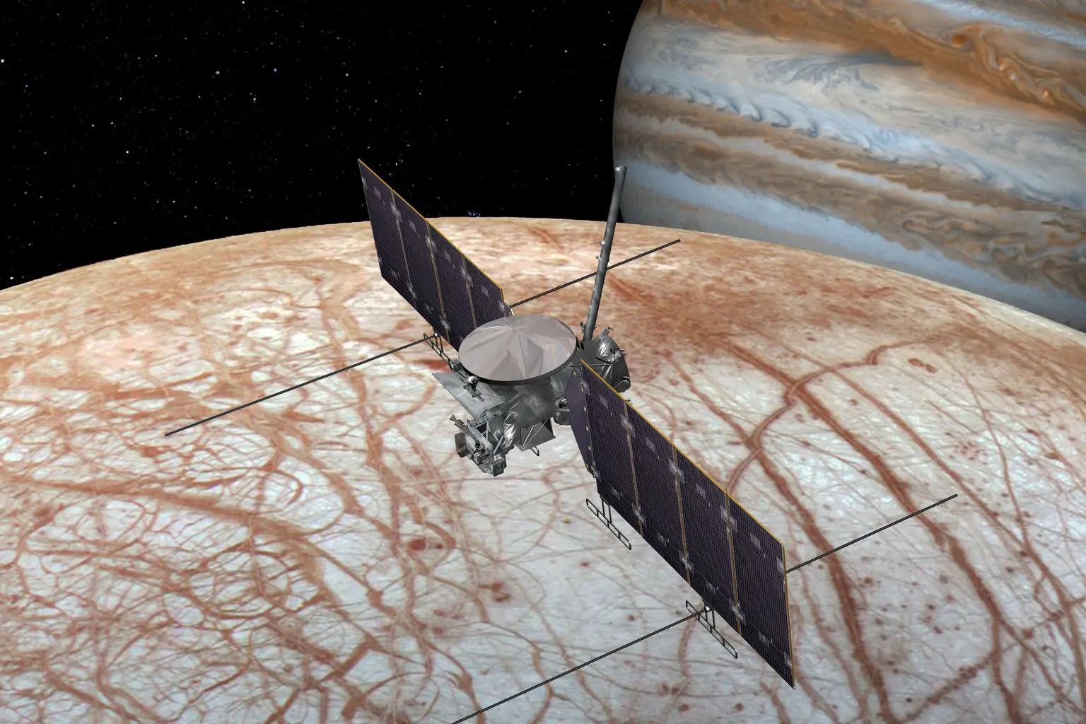 a cube-shaped spacecraft with two wing-like solar panels flies above a white orb streaked with browns and oranges