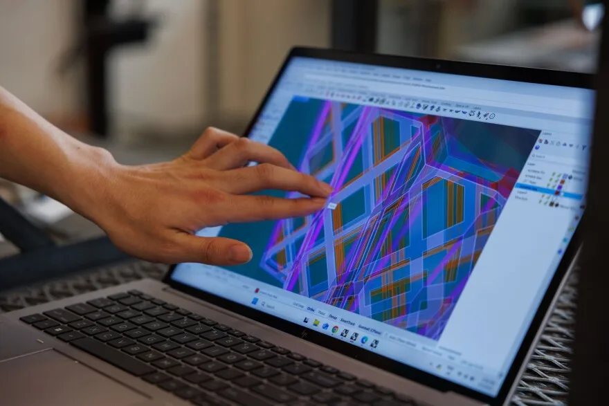 First year masters student Nicholas Chiu, 23, points to a 3D model on his computer of a pavilion that Washington University architecture students are building for the Hyde Park Farmers Market June 3, 2025 at Washington University in St. Louis, Missouri.