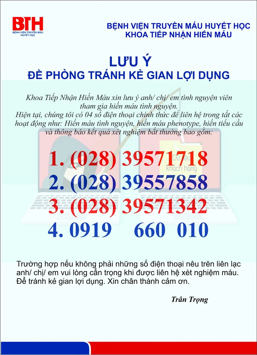Bệnh viện ở TPHCM cảnh báo đối tượng lạ lừa đảo người hiến máu - 1