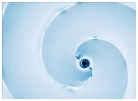 A blue screen with a swirl and a black circle at the center.