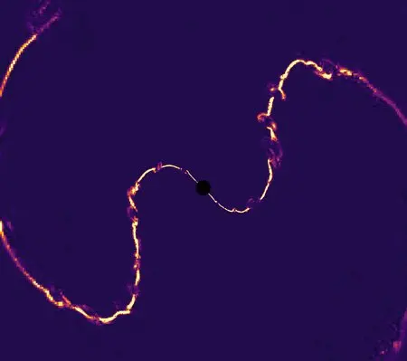 A purple screen with a wavy yellow line going from the bottom left to the top right. In the center of the screen, going through the line, is a black circle.