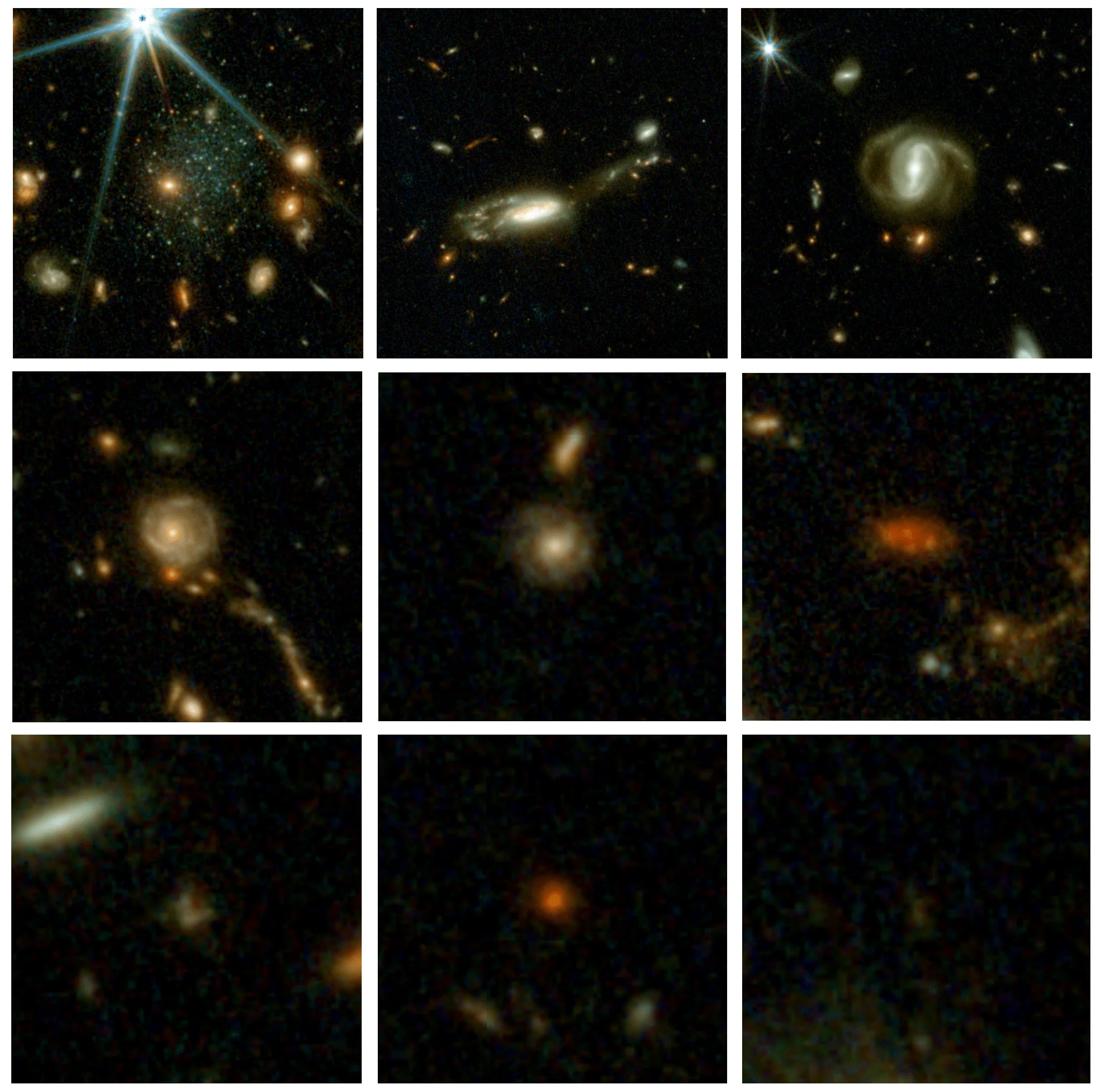 Nine panels each showing a zoomed-in galaxy of interest.