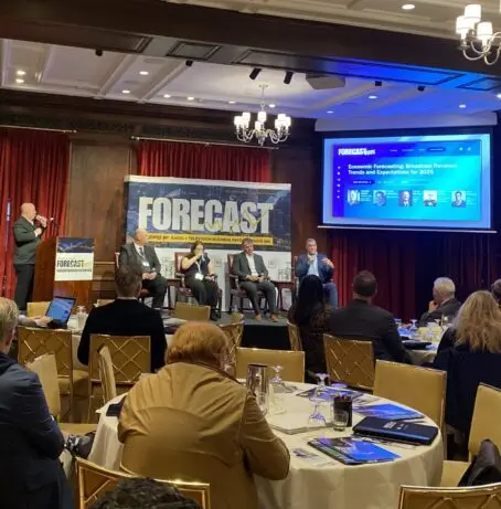 Shown (l-r) are Moderator Andrew Rosen, Partner/CPA, Miller Kaplan; Lucas Cridland, CEO, BMG 360; Justin Nielson, Principal Analyst, Kagan; Nicole Ovadia, VP/Forecasting & Analysis, BIA Advisory; and Matt Sweeney, Chief Investment Officer, GroupM U.S.