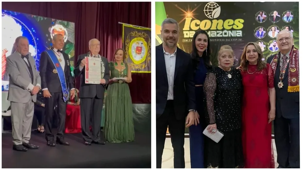 Vicente Malheiros da Fonseca recebendo honraria da CBC (à esquerda); Adriano Sirotheau da Fonseca, Lorena Sirotheau da Fonseca Lestra, Sulamir Palmeira Monassa de Almeida (Desembargadora Presidente do TRT-8), Neide Sirotheau da Fonseca e Vicente Malheiros da Fonseca (à direita) — Foto: Arquivo pessoal
