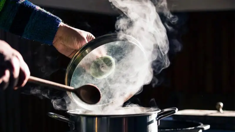 A person holding a lid above a steaming pot.