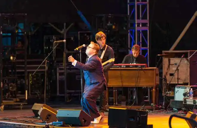 American R&amp;B and Soul singer Paul Janeway leads his band, St Paul and the Broken Bones, at the Lincoln Center Out of Doors Americanafest NYC (formerly Roots of American Music Festival) at Damrosch Park Bandshell, Lincoln Center, New York, New York, August 10, 2014. (Photo by Jack Vartoogian/Getty Images)