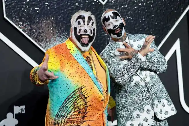 ELMONT, NEW YORK - SEPTEMBER 11: (L-R) Violent J and  Shaggy 2 Dope of Insane Clown Posse attend the 2024 MTV Video Music Awards at UBS Arena on September 11, 2024 in Elmont, New York. (Photo by Dimitrios Kambouris/Getty Images)
