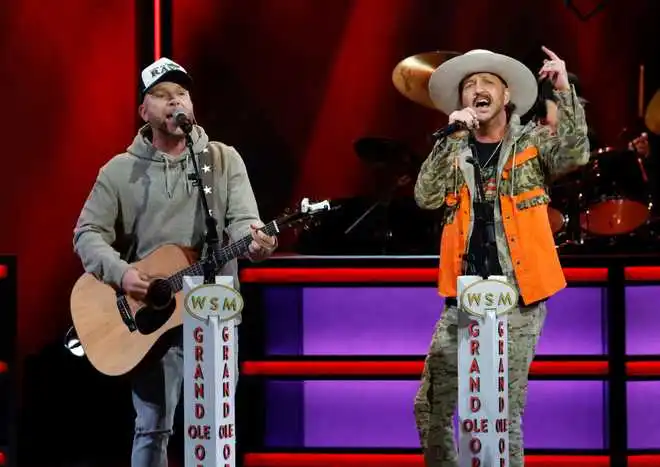 NASHVILLE, TENNESSEE - FEBRUARY 12: Chris Lucas and Preston Brust of LOCASH perform at The Grand Ole Opry on February 12, 2025 in Nashville, Tennessee. (Photo by Jason Kempin/Getty Images)