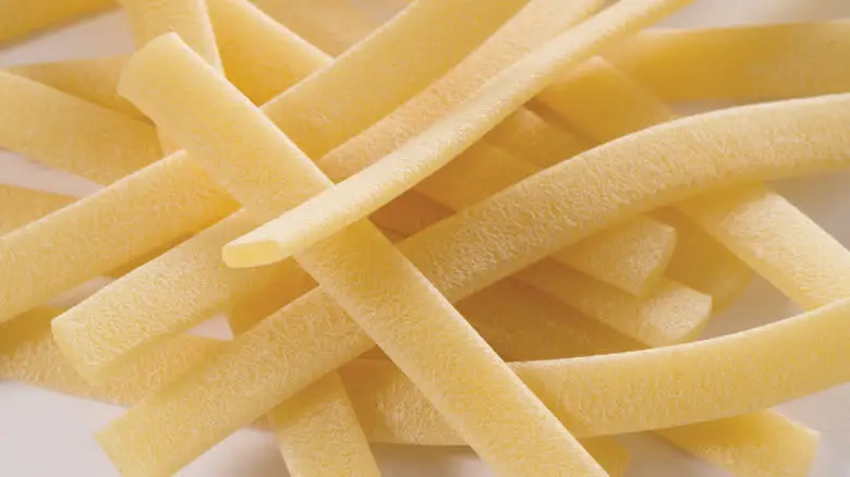 close up of long bronze-cut pasta