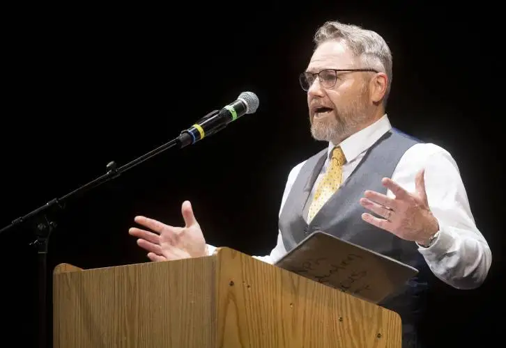 Head of School Brent Nielsen speaks during the Pioneer Valley Performing Arts graduation ceremony at the Academy of Music, Thursday, June 5, 2025, in Northampton.