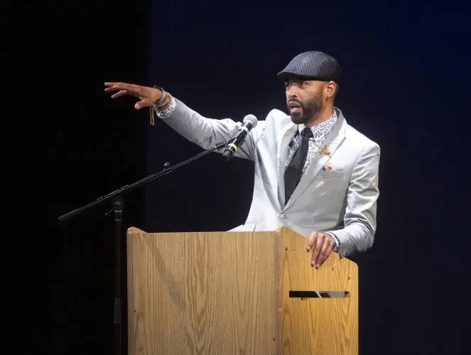 Trevin Bond speaks during the Pioneer Valley Performing Arts graduation ceremony at the Academy of Music, Thursday, June 5, 2025, in Northampton.