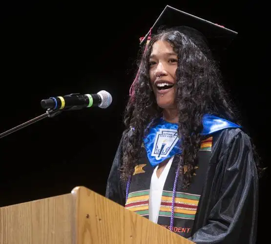 Graduate Danyelle Joujoute speaks during the Pioneer Valley Performing Arts graduation ceremony at the Academy of Music, Thursday, June 5, 2025, in Northampton.