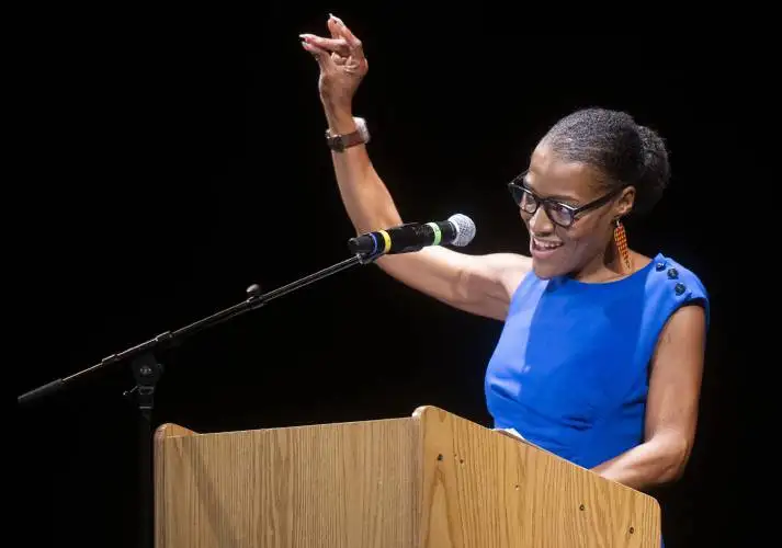 Board of Trustees member Latrina Denson speaks during the Pioneer Valley Performing Arts graduation ceremony at the Academy of Music, Thursday, June 5, 2025, in Northampton.