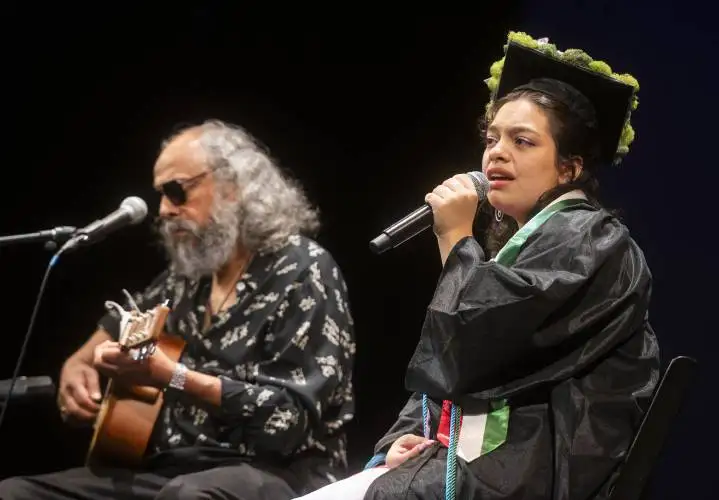 Rahul Roy, left, and graduate Arianna Jimenez-Laurent perform during the Pioneer Valley Performing Arts graduation ceremony at the Academy of Music, Thursday, June 5, 2025, in Northampton.