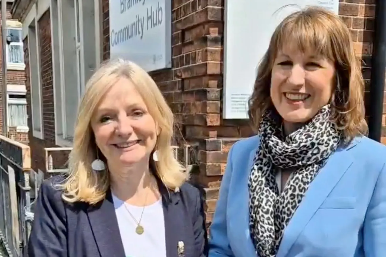Rachel Reeves and Tracy Brabin at Bramley Community Hub discussing mass transit plans.