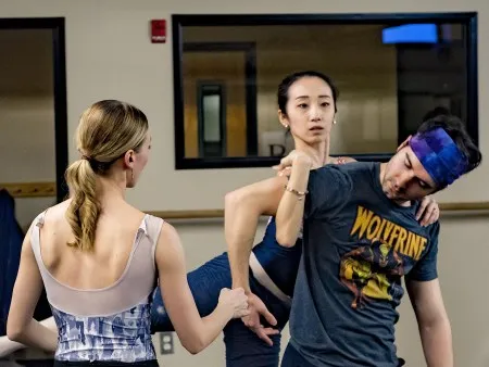 Suzanne Haag (left) coaches Reed Souther and Yuki Beppu in Surrounding Third in 2019. Photo: Antonio Anacan