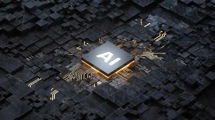 A square AI chip connected to other chips.