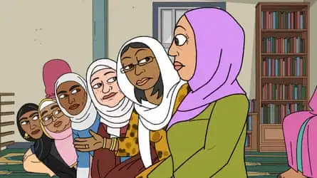 Six cartoon depictions of Muslim women, each wearing a hijab. Five of the women are looking at the person on the right of the picture