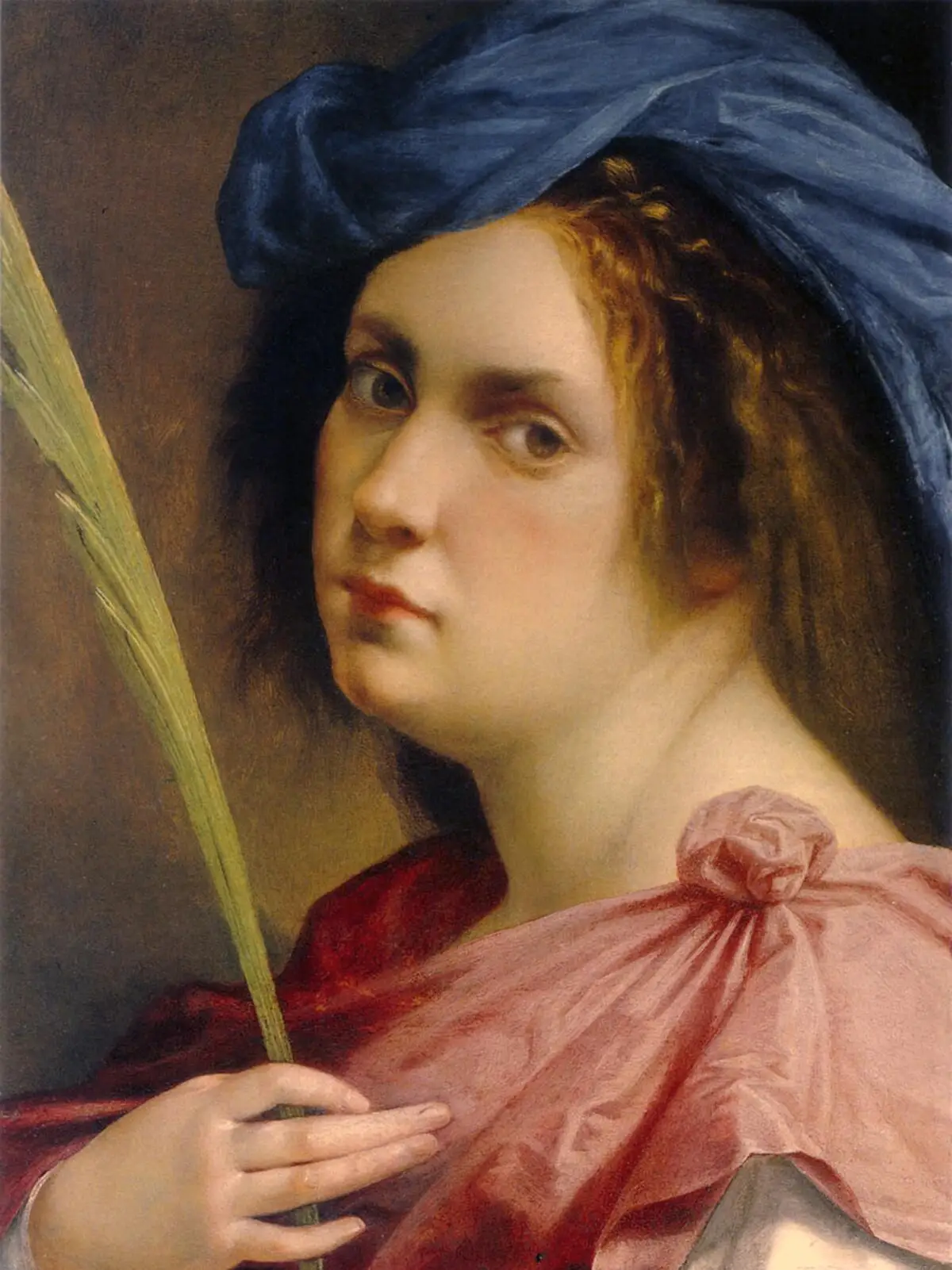 An oil painting of a woman holding a quill.