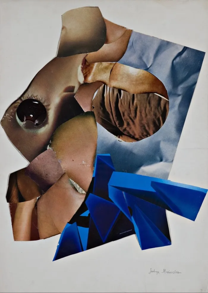 Collage composition of what appears to be close crops of human skin and rich and light blue abstract forms