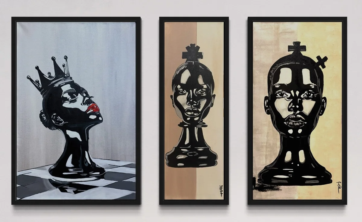 three paintings of women as chess pieces hung on the wall