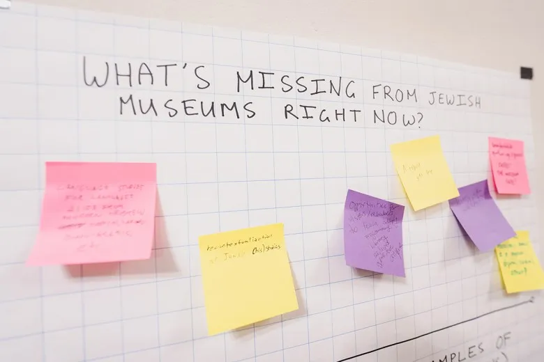 a closeup of a large sheet of graph paper taped to a wall. At the top it reads: What's missing from Jewish museum right now? Post-its are posted below that in yellow, pink, and purple.