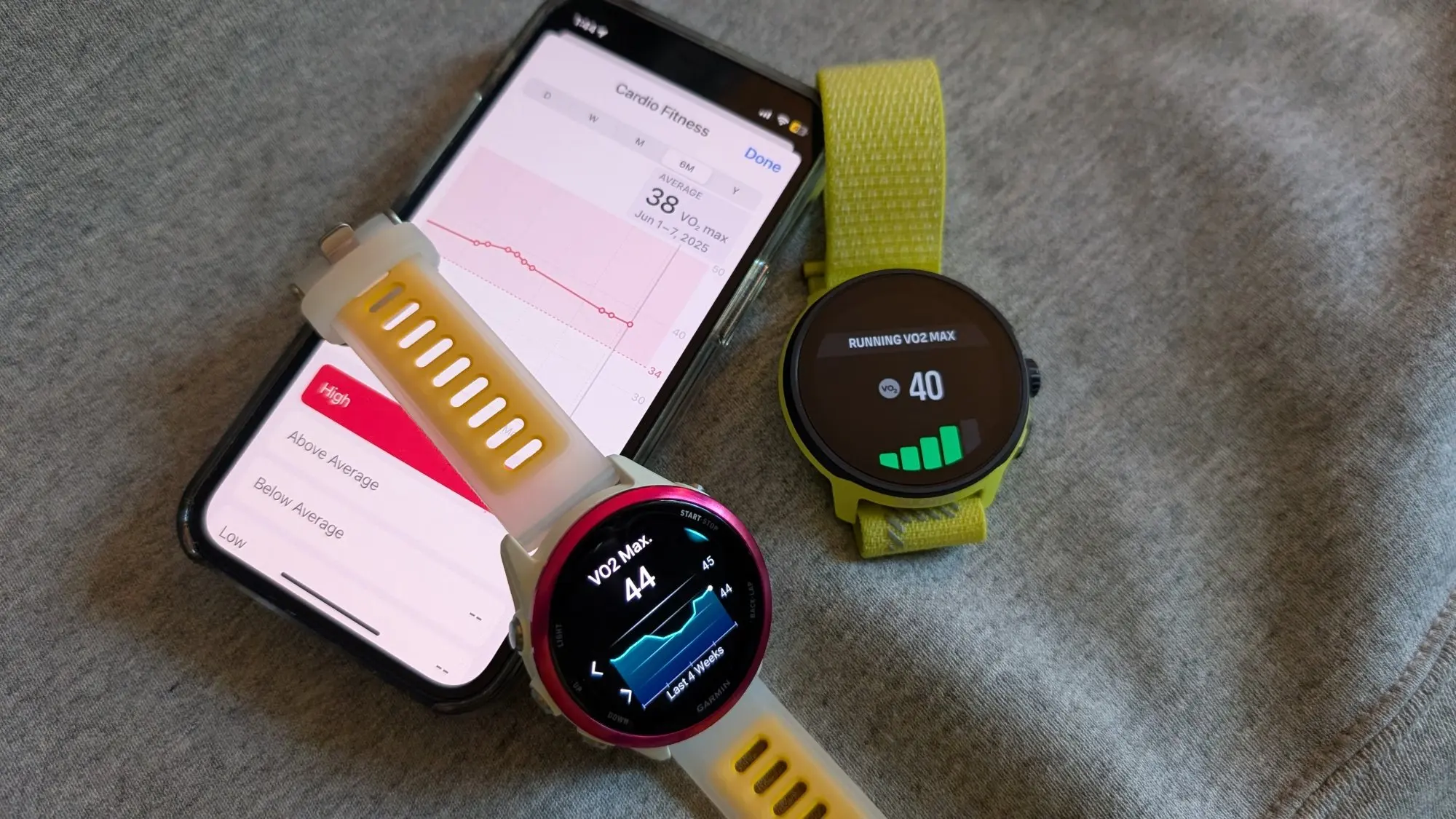 Apple Health, Garmin, and Suunto displaying VO2max estimates